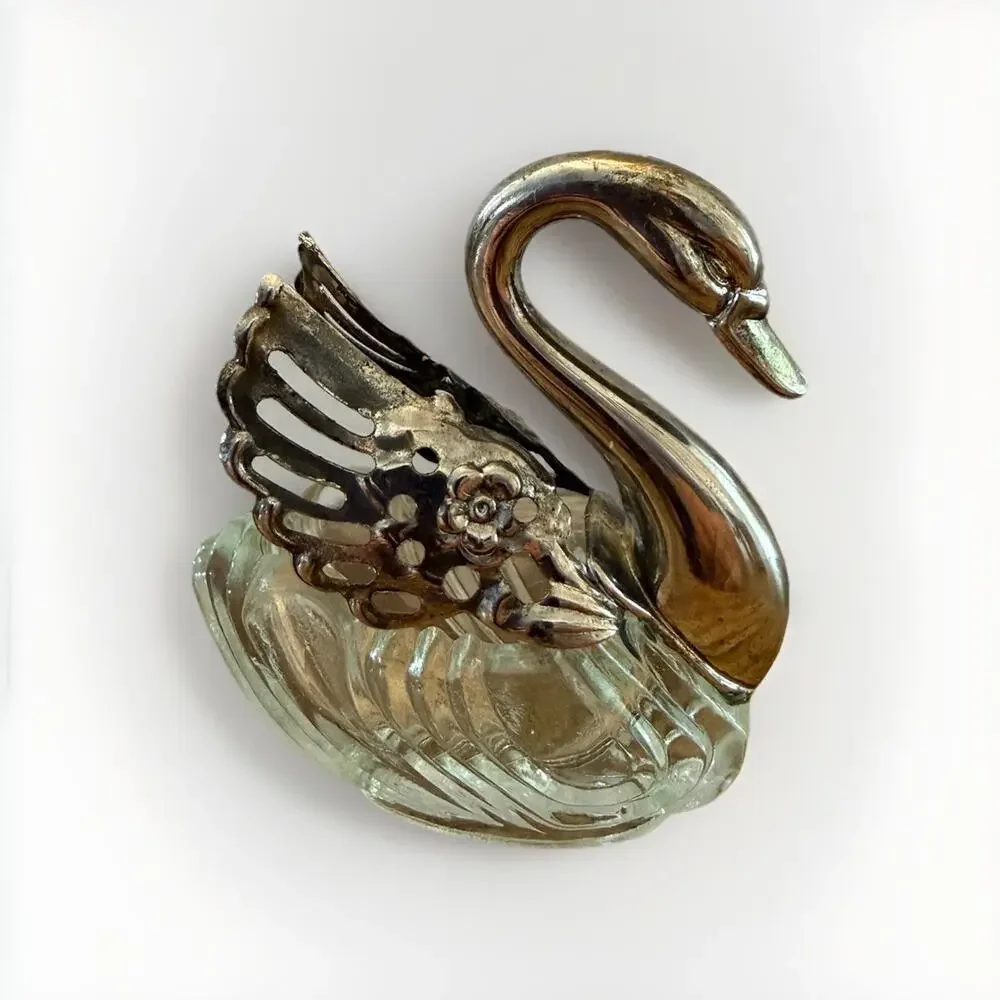 Mid Century Era Swan Figural Salt Cellar Pressed Glass Base Movable Wings 3”